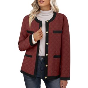 Bebonnie Women's Diamond Quilted Jacket Crew Neck Lightweight Long Sleeve Button Down Winter Coats with Pockets (Red, XL)