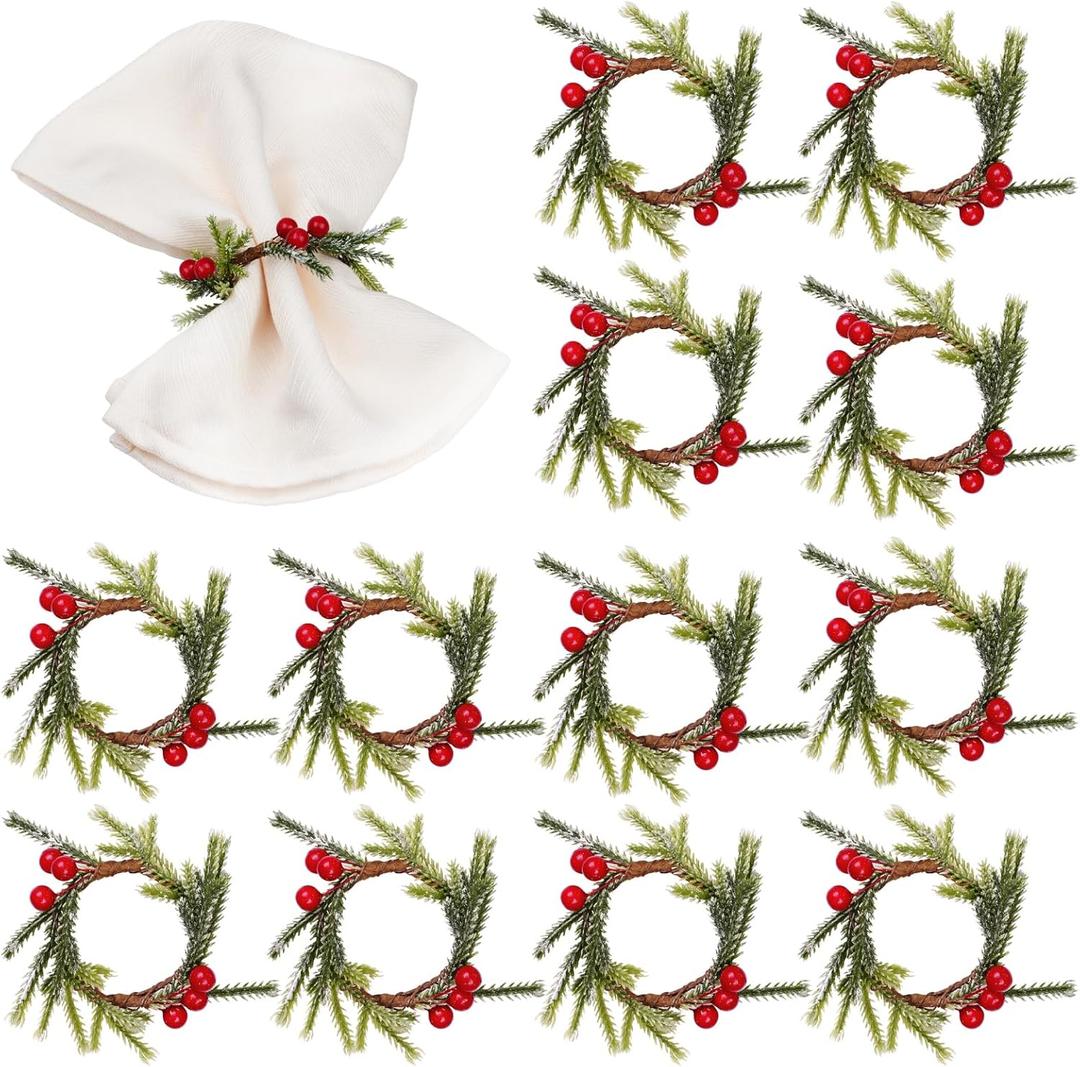 Napkin Rings Set of 12, Rustic Napkin Ring Serviette Holders Handmade Red Berry Table Decorations for Wedding Christmas Thanksgiving New Year Valentine's Banquet Birthday Party Style B
