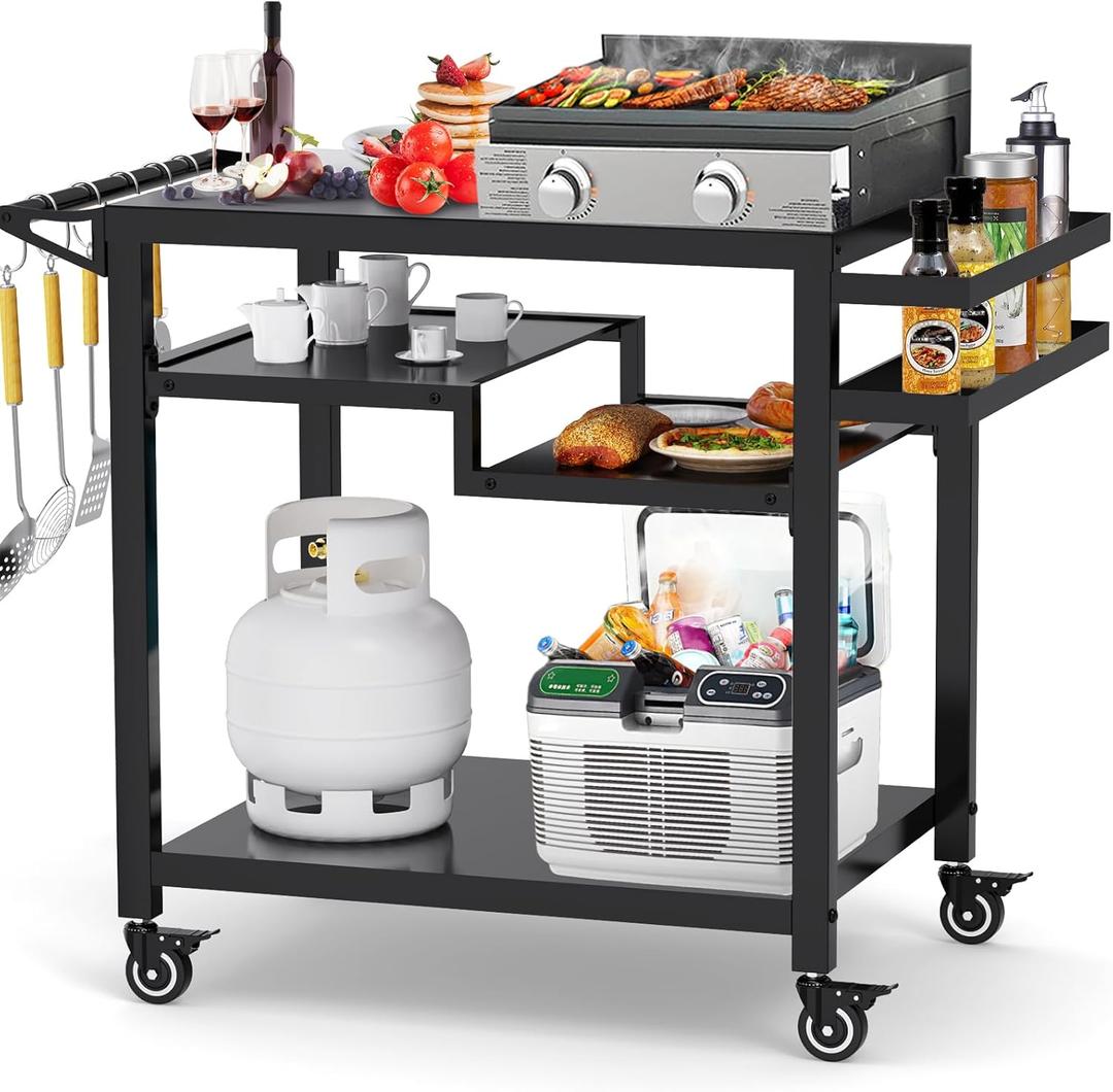 20"x 32" Three-Shelf Movable Outdoor Dining Cart Table, Multifunctional Food Prep Stand, Outdoor Grill Table with Wheels