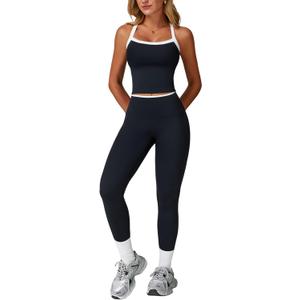 Womens Workout Sets Two Piece Cross Back Tank Top Matching High Waist Leggings Sets Gym Outfits Work Out Clothes (Medium, Colorblock Black)