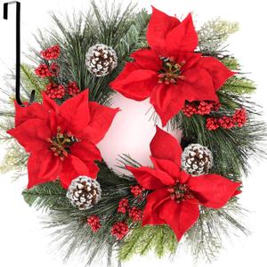 WellSign Christmas Wreath for Front Door, 24 Inch Large Outdoor Christmas Wreath with Hangers, Green Pine Xmas Wreath with Red Artificial Poinsettia Flowers for Fireplace Wall Window Home Indoor Decor