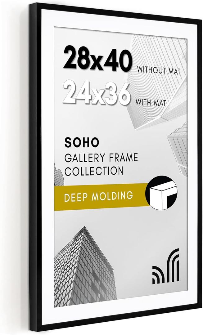 Americanflat 28x40 Poster Frame with Polished Plexiglass - Use as 24x36 Frame with Mat or Display 28x40 Photo Without Mat - Soho Collection - Deep Molding Picture Frames for Wall Display - Black