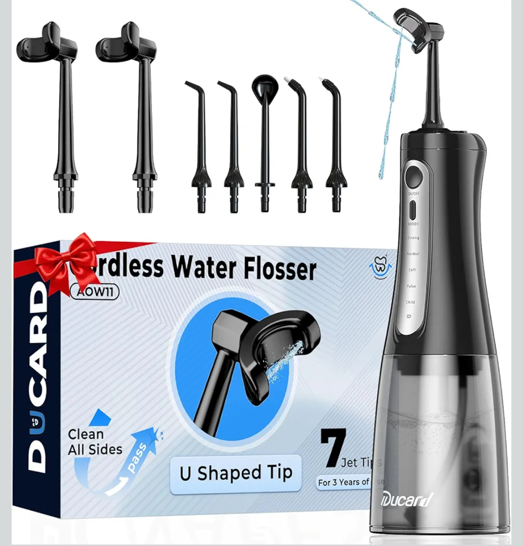 Cordless Water Flosser for Teeth, U-Shaped Flossing 360° Deep Clean, 5 Modes 7 Jet Tips for Adult & Child, Portable Rechargeable Dental Flosser Pick for Braces, Travel, 350ML Large Tank