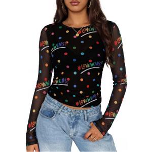 MOUSYA Sheer Tops for Women Mesh Long Sleeve Top See Through Sexy Going Out Tee Summer Crewneck Party Undershirt (Black, M)