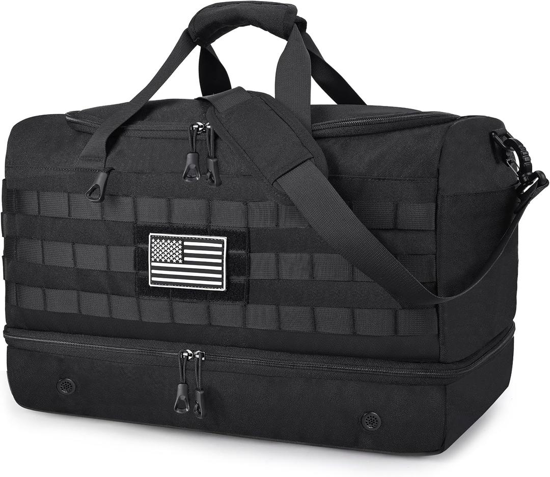MOZETO Black Duffle Bag for Men, 45L Carry On 22x14x9 Travel Duffle with Shoe Compartment Tactical Inspired Heavy Duty GYM Overnight Bag Wet-Dry Separated Compartment