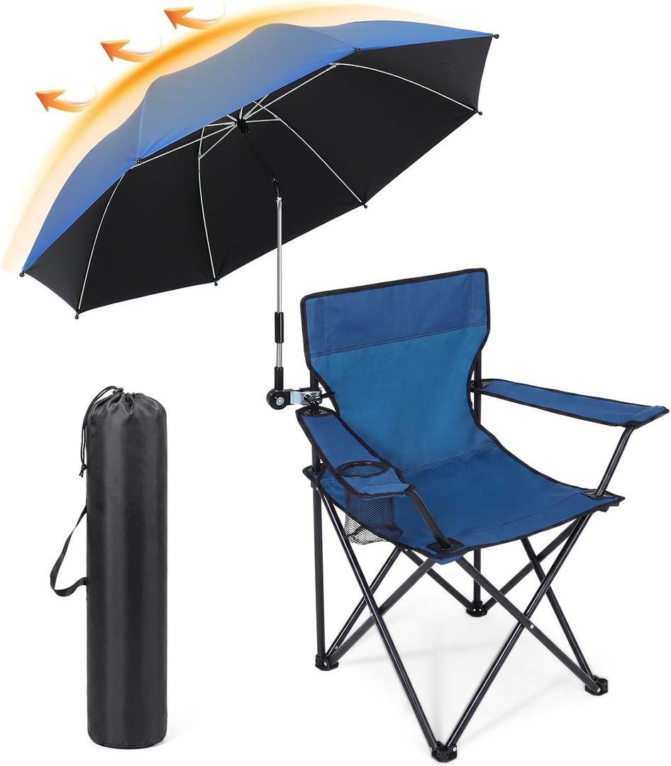 1 Set Portable Camping Beach Chair with Adjustable Umbrella and Backpack for Adult, Low Folding Chair with Armrests Cup Holder, 360 Degree Universal Clamp UV Umbrella for Outdoor (Royal Blue), 19.69 x 19.69 x 31.5 inches