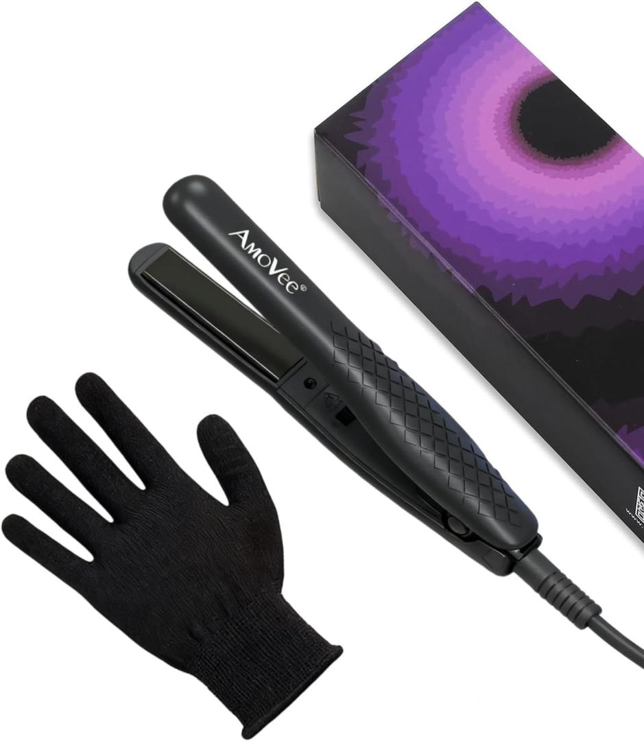 Mini Flat Iron, 0.7 Inch Mini Hair Straightener, Small Flat Iron for Short Hair,Curls Bangs, Dual Voltage Travel Hair StraightenerBlack