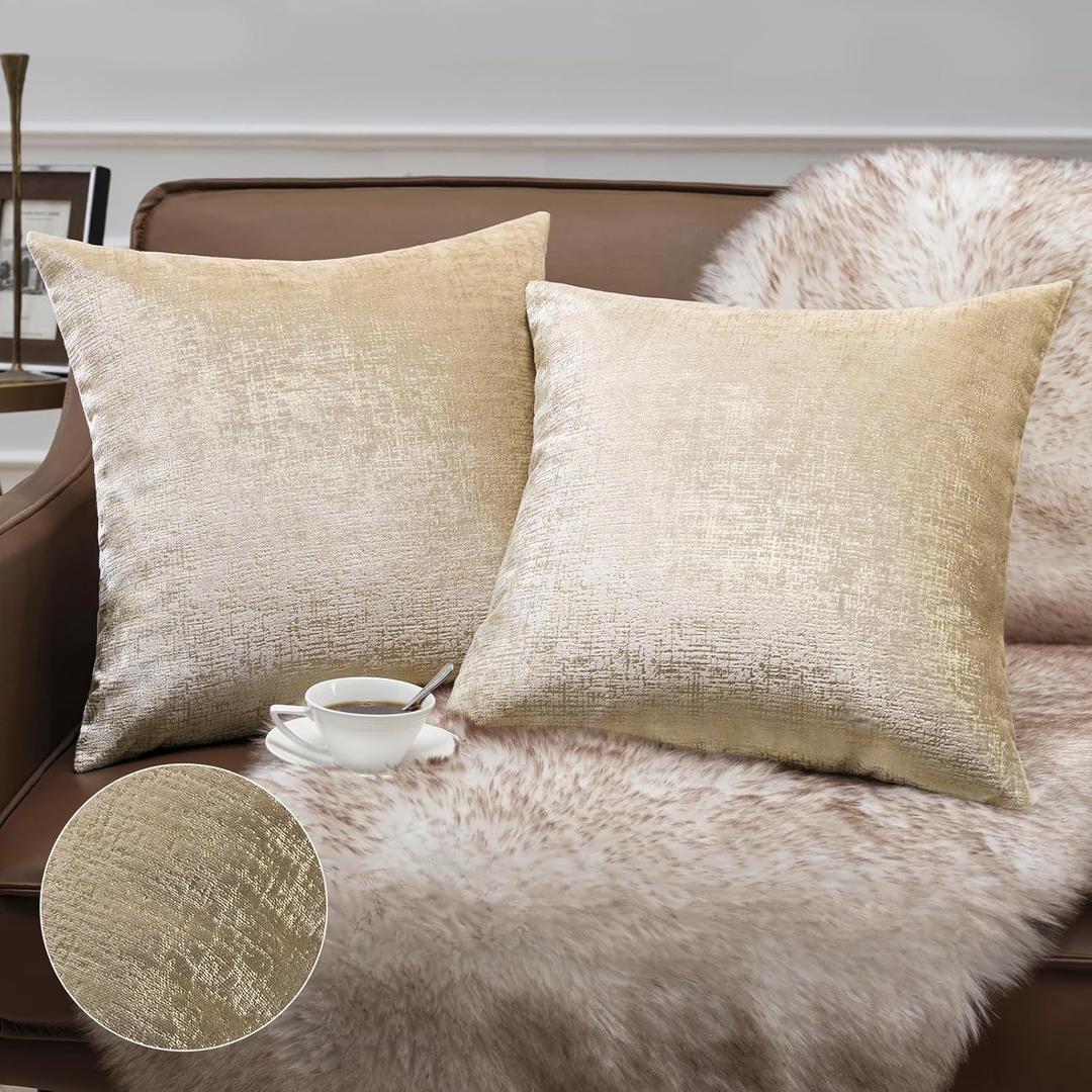 Phantoscope Pack of 2 Sparkling Velvet Decorative Solid Throw Decorative Pillow Cover Soft Gold Glitter Square Cushion Cover Pillowcase for Couch Bed and Chair, Beige, 18 x 18 inches, 45 x 45 cm