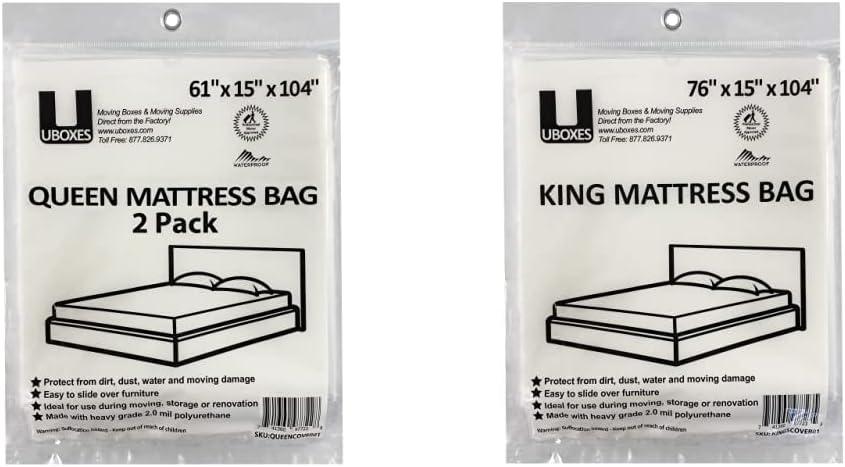 Uboxes Queen Mattress Moving Cover, 2 Pack, Clear, 61 x 15 x 90, QUEENCOVER02 & uBoxes Moving Supplies King Mattress Cover/Bag 76" x 15" x 104", Clear