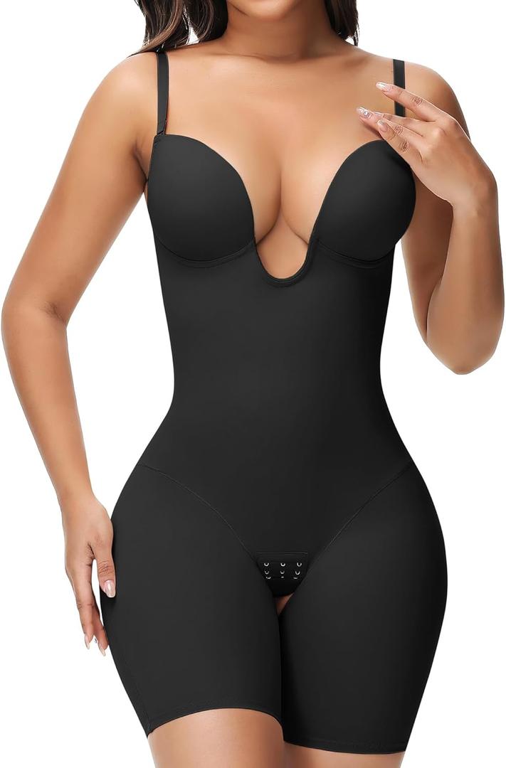 SHAPSHE Backless Shapewear Strapless Deep U Plunge Bodysuit for Women Built In Bra Tummy Control Low Back Body Shaper (Black)