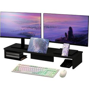 Dual Monitor Stand Riser with Phone Tablet Holder, 35.8in Large Monitor Stand for Desk, Computer Monitor Stand for 2 Monitors, Desk Shelf for Top of Desk, Desktop Organizer for Laptop, Printer, TV (35.7" Black)