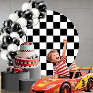 6.5x6.5ft Black and White Checkerboard Round Backdrop Cover Racing Theme Fabric Circle Background Themed Party Decorations Baby Shower Birthday Wedding Portrait Photo Booth Studio Props (R1-183)