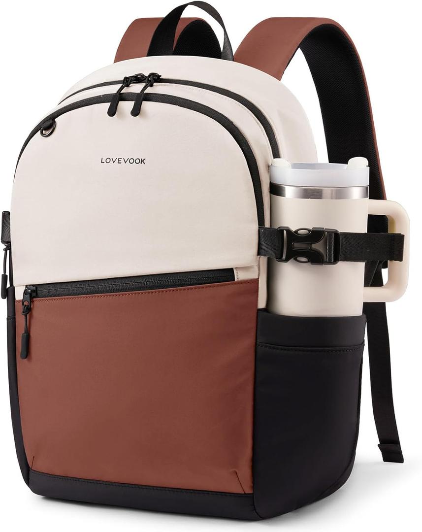LOVEVOOK Everyday Backpack for Women, Chic Versatile Backpack with Water Bottle Pocket, Lightweight Waterproof Casual Daypack for City Work Commute, College, Travel & Gifts, Black-White-Brown