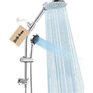 MakeFit Drill-free Dual Shower Head with Handheld Combo Rainfall Shower Head Easy Reach 3-way Diverter Stainless Steel Slide Bar with Height Adjustable Holder Adjustable Rain Showerhead (Chrome)