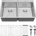 SHACO 33x22 Inch 50/50 Double Bowl Drop In Kitchen Sink 16 Gauge 33 Inch Stainless Steel Kitchen Sink Top Mount with Grid and Accessories