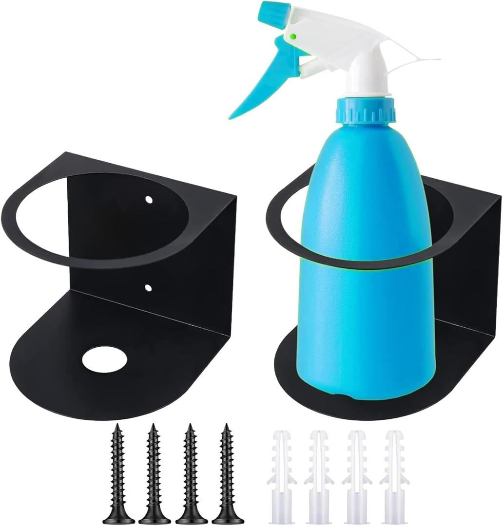 2-Pack Heavy Duty Metal Spray Bottle Holder with Single Hole - Wall Mount Organizer, Easy Install, Space Saving, Universal Fit - Includes Mounting Hardware for Garage & Home
