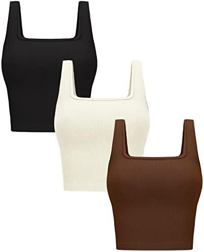OLCHEE Womens 3 Pack Crop Tank Tops Basic Seamless Ribbed Sleeveless Square Neck Workout Top Summer Exercise Yoga Gym Shirts, XL