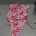  Neck Ruffled Floral Print Top With Side Tie Triangle Bottom Swimsuit,Tank Top, Size: M