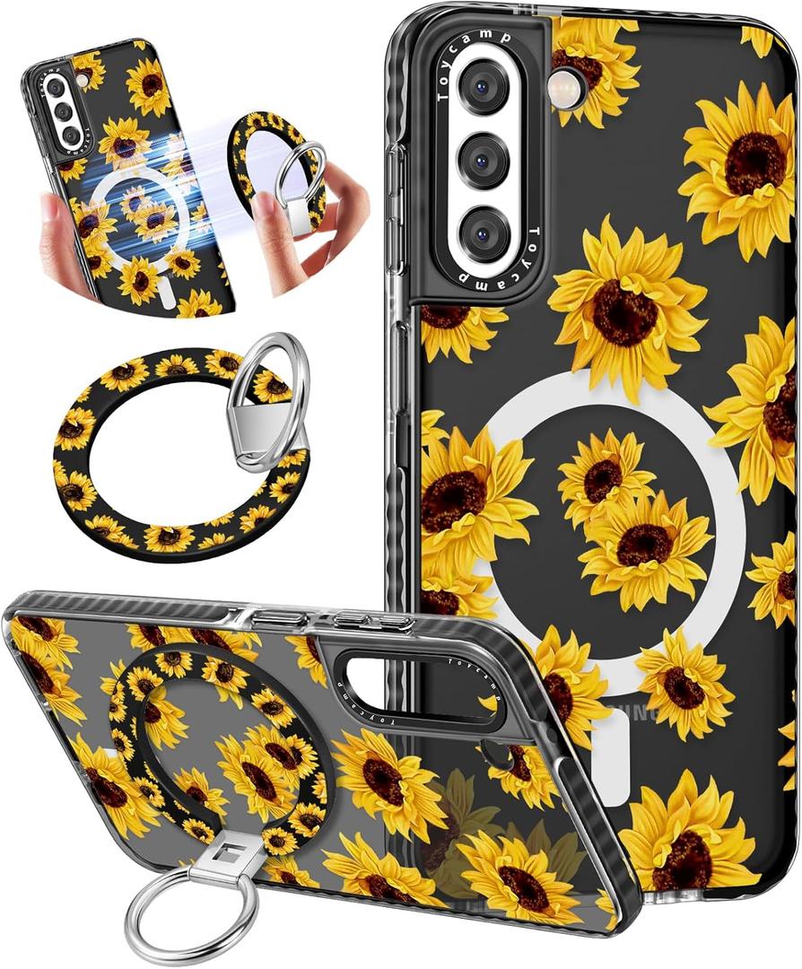 Toycamp for Samsung Galaxy S22 Plus Case - Compatible with Magsafe Cute Design 360Magnetic Ring Holder Stand Kickstand Sunflower Girly Pretty Fashion Phone Covers for Women Teen Girls