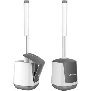 SetSail Toilet Brush and Holder 2 Pack, Self Closing Lid Toilet Bowl Brushes Holder and Extra Long Handle Ventilated Toilet Brush Set for Bathroom Cleaning, Nylon Bristles, White & Grey