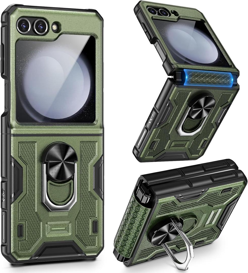 VEGO for Samsung Flip 5 Case, Galaxy Z Flip 5 Case with Hinge Protection & Built-in Screen Protector, 360 Magnetic Ring Stand Protective Phone Cover, Drop Proof for Samsung Galaxy Z Flip 5 5G - Green