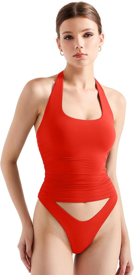SUUKSESS Women Halter Tank Tops Double Lined Backless Y2K Trendy Going Out Tops (Red, L)