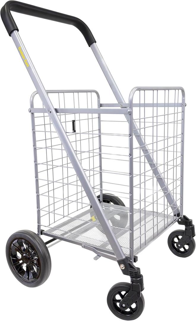 dbest products Cruiser Cart Deluxe 2 Shopping Grocery Rolling Folding Laundry Basket on Wheels Foldable Utility Trolley Compact Lightweight Collapsible, Silver