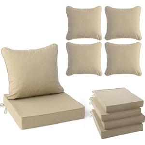 Summsun Outdoor Chair Cushions Set of 4, Faux Linen Patio Furniture Cushions, Water Resistant Backrest and Deep Seat Cushion Set with Straps, Removable Cover, Non-Slip Bottom, 22 x 22 Inch, Nature