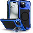Lanhiem for iPhone 15 Plus Metal Case, [Built-in Camera Kickstand & Glass Screen Protector] Heavy Duty Full Body Military Rugged Shockproof Magnetic Aluminum Alloy Cover for 15 Plus 6.7" (Blue)