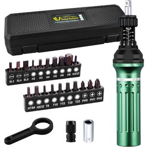Uharbour Torque Screwdriver 10-60 in.lb, Torque Screwdriver Set with 1/4" Elastic Bit Holder, 1/4" Bit Adapter, Flat, Hex, Torx and Philips Bits, Suitable for Gunsmithing, DIY, Bicycle Maintenance