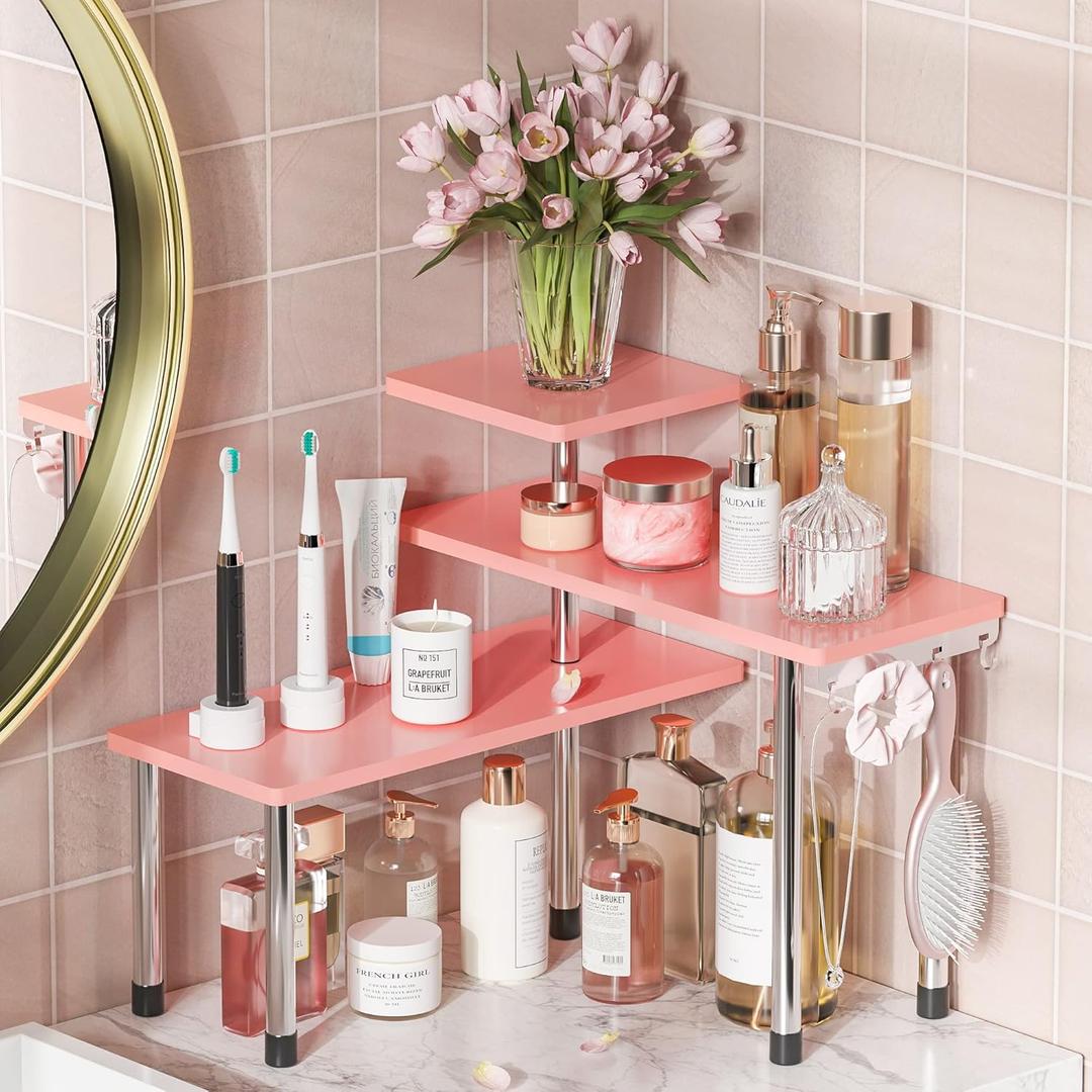 ZHWS Bathroom Counter Organizer Corner Shelf  Bathroom Organization Bamboo 3 Tier Spice Rack Makeup Organizer Bookshelf Space Saving Rack Kitchen Office Living Room (Pink) (16.9x16.9x15.3)