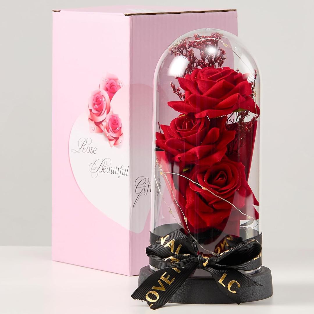2 x 3 Blossoms Artificial Roses in Clear Dome with LED Lights Mother's Day Decorations - Preserved Flowers Fake Roses for Wedding Candlelight Dinner Anniversary