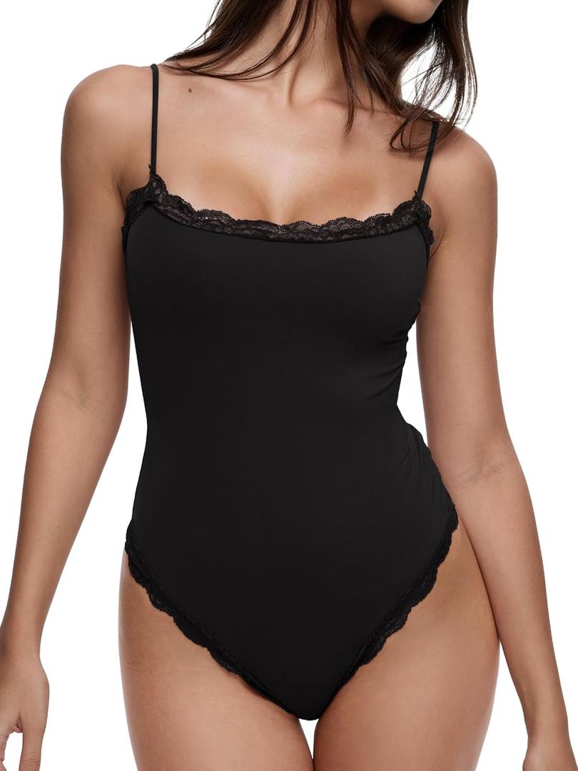 REORIA 2025 Lace Bodysuit for Women Square Neck Sleeveless Spaghetti Strap Sexy Tank Top Thong Bodysuit Going Out (Medium, Black Onyx)