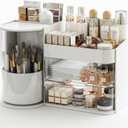 Makeup Organizer with Rotating ,Large Bathroom Countertop Cosmetic Organizer with Brushes Holder,Skincare Storage Organizer,Ideal makeup holder for Skincare,Lipstick and other items (Simple white)
