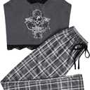 WDIRARA Women's Goth Pajama Set 2 Piece Cami Top and Plaid Pants Sleepwear Sets Grey Small