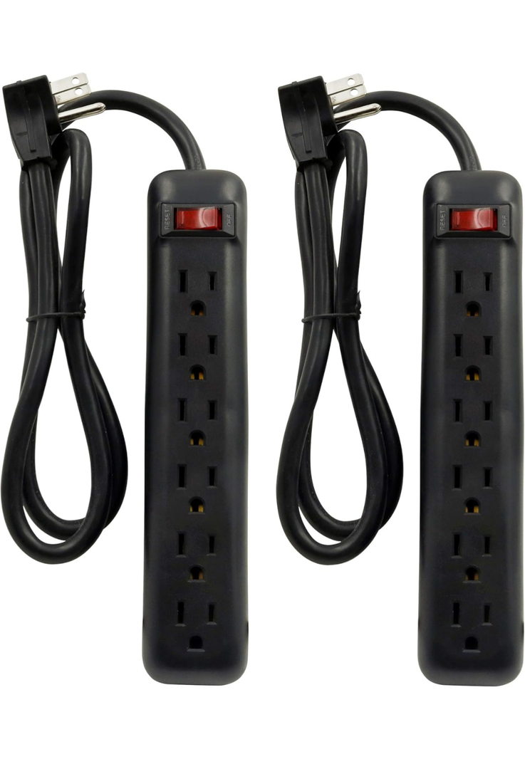 Clear Power 5-Pack 6 Outlet Power Strip, 3 ft Power Cord, Low-Profile Flat Plug, 3-Prong Grounded, Black, 15 Amp Circuit Breaker, Black