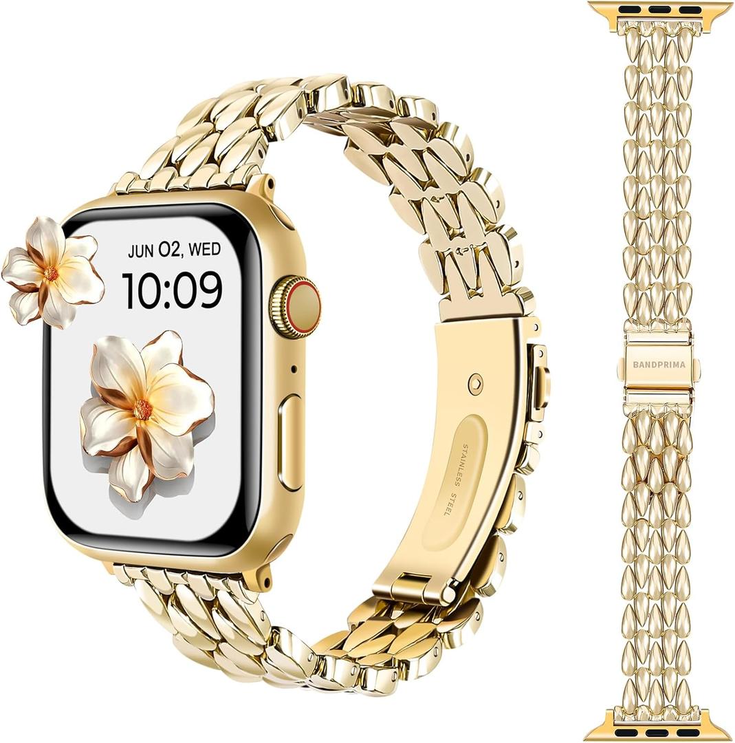 Dressy Gold iWatch Bands for Women - Compatible with Apple Watch Series 10-1/SE/Ultra, Fits 38mm/40mm/41mm/42mm(S10) - Luxury Designer Bracelet, Elegant Stylish Strap (38mm/40mm/41mm/42mm(S10))