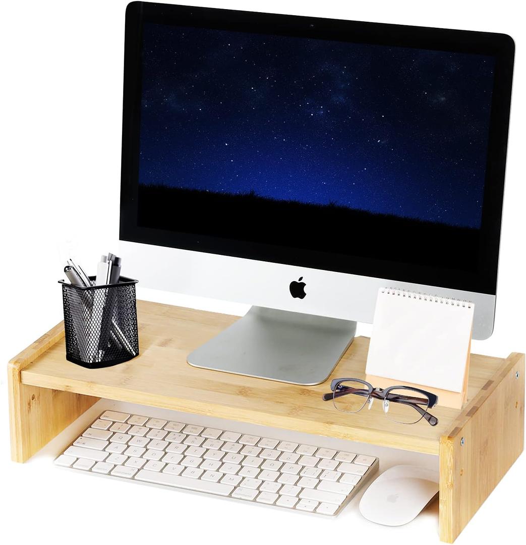 KINLINK Solid Wood Monitor Stand Riser, Monitor Riser with 2 Adjustable Height, 15.8 inch Computer Riser for Computer, iMac, PC, Printer, Computer Monitor Stand for Home & Office, Natural (light brown)