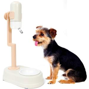 Pet Standing Water Dispenser Cat Dog Standing Ceramic Bowl Automatically Feeding Water Height Adjustable Detachable Pole (Pink-White, Large)