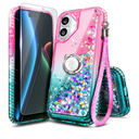 NGB Designed for iPhone 17 Case, Pink/Aqua | Glitter Liquid Sparkle Cute Phone Cover for Women Girls Kids | with Tempered Glass Screen Protector & Ring Holder & Wrist Strap Lanyard