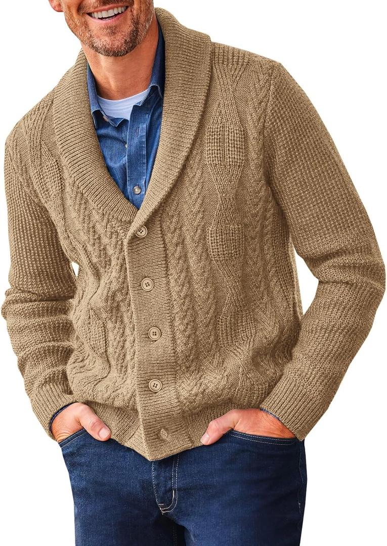 Runcati Mens Shawl Collar Cardigan Sweater Cable Knit Button Down Sweaters Long Sleeve Casual Winter Outwear (X-Large, Khaki)
