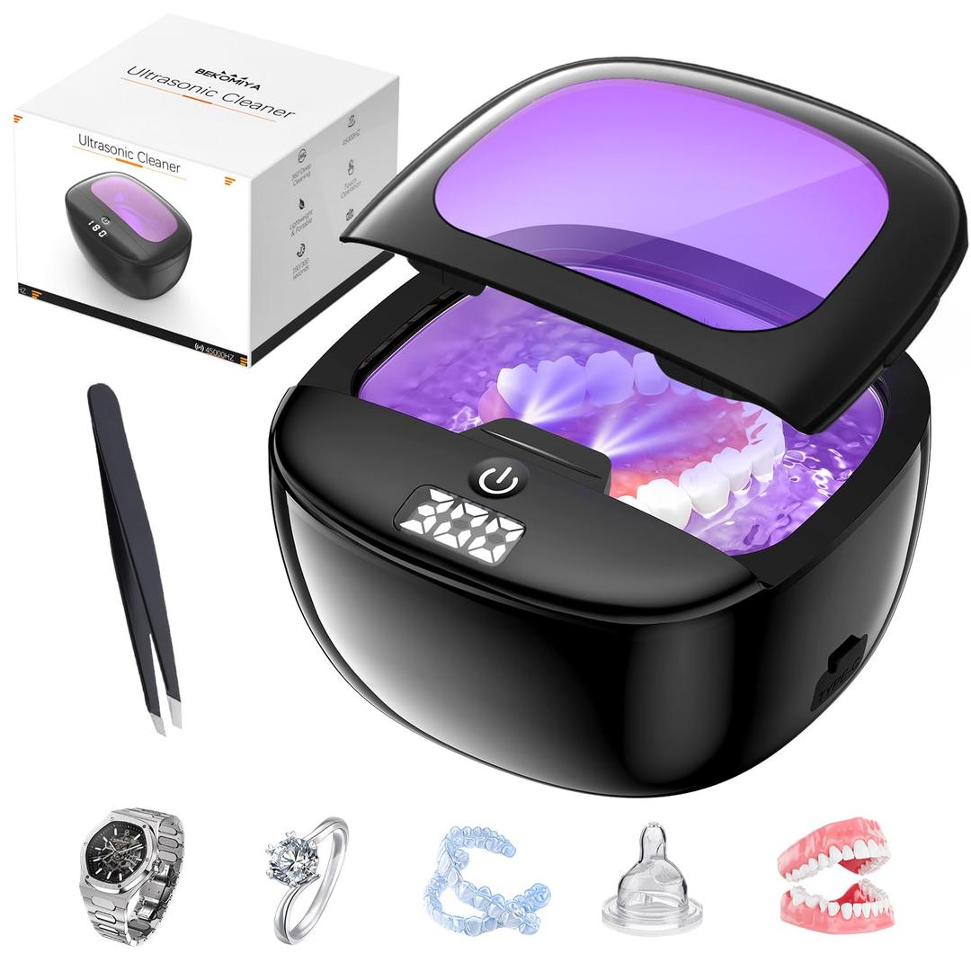 BEKOMIYA Ultrasonic Retainer Cleaner, 45kHz Dental Cleaning Pod for Dentures, Aligners, Night Guards & Jewelry, 150ML Denture Cleaner 2 Timed Modes & Travel Design