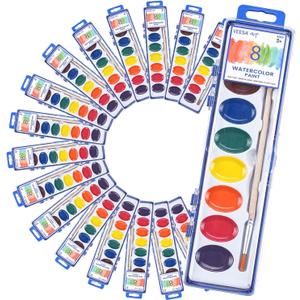 8 Colors Watercolor Paint Set for Kids, 24 Pack Washable Watercolor with Wood Brushes, Non-Toxic Water Color Paint, Valentines Day Gifts for Kid Prizes Exchange