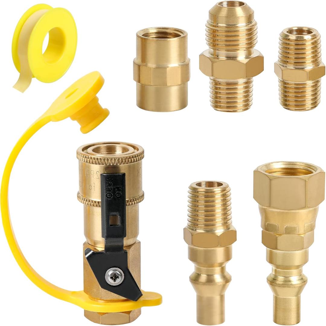 ATKKE RV Propane Quick Connect Fitting Adapter Valve, 1/4" Male NPT Full Flow Plug & 3/8" Male Flare Quick Kit for Low Pressure Gas Appliance Heater Grill Fire Pit and RV Quick Connect, 7pcs