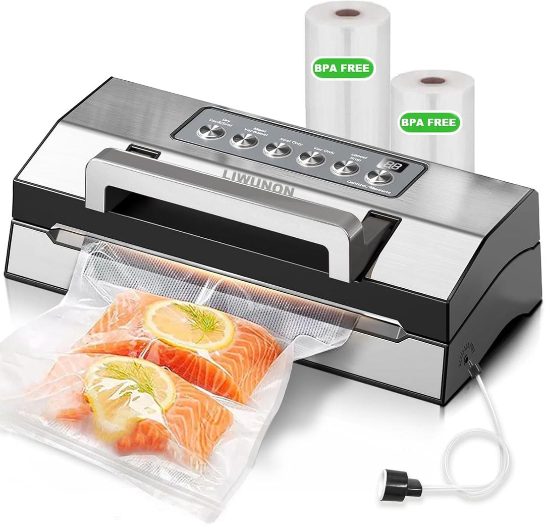 Upgraded Precision Fast-Vacuum Sealer, LIWUNON Commercial Full Automatic Food Vacuum Sealer Machine, Double Heat Seal, Built-in Cutter&Bag Storage, Powerful Food Vacuum Saver, 2 Bag Rolls&hose (Stainless steel)