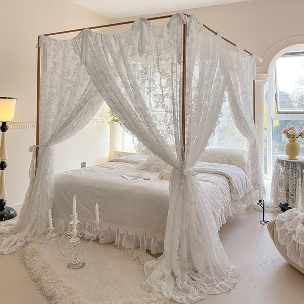 Elegant Lace Princess 4 Corner Post Mosquito Net Romantic for Girls Women Bed Curtain Canopy for Adults Wedding Bedroom Kids Rooms Decoration (Beige-White-1, Queen)