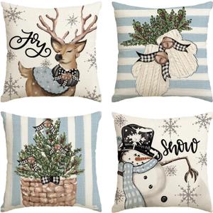 AVOIN colorlife Christmas Snowman Reindeer Gloves Eucalyptus Blue Throw Pillow Covers, 18 x 18 Inch Winter Holiday Stripes Cushion Case Decoration for Sofa Couch Set of 4