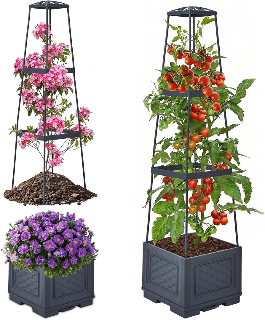 Raised Garden Bed, Tomato Cages for Garden, Tomato Cage, Raised Garden Beds Outdoor, Planter Box with Trellis, 44.8" Self-Watering Tomato Planter for Climbing Plants Vegetables Flowers(With Wheels), 44.88 inch, Pack of 1
