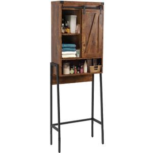 Over The Toilet Storage Cabinet, Behind Toilet Bathroom Organizer with Adjustable Shelves, Above Toilet Organizers with Barn Door, Space Saver for Restroom, Bathroom, Laundry, Brown, 24 Inches X 10 Inches X 67 Inches