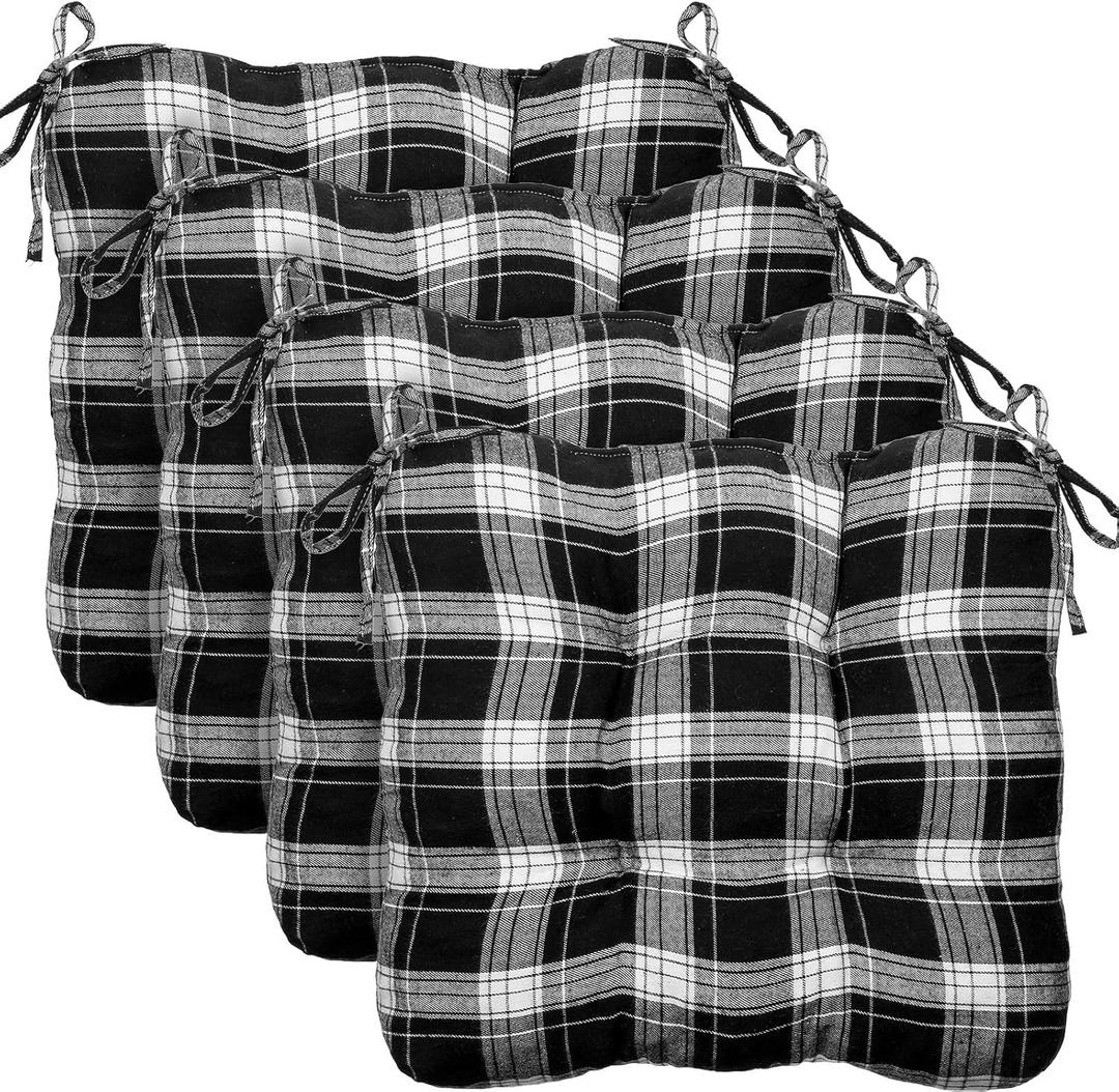 Geetery 4 Pcs Outdoor Plaid Chair Cushions with Ties for Dining Chairs Scottish Plaid Decorative Seat Cushions for Kitchen Patio Home Living Room, 15 x 16'' (Black and White)